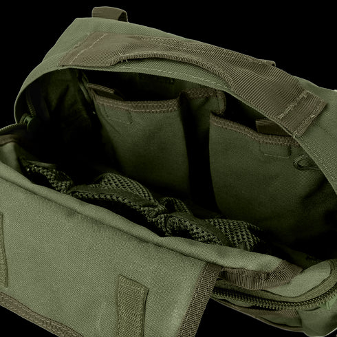 The Condor Utility Shoulder Bag 7L is a green fabric bag with an open zipper, revealing several internal compartments and mesh pockets.